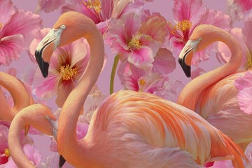 Seamless pattern design featuring cute flamingos among vibrant pink hibiscus flowers, perfect for textile applications and home decor products