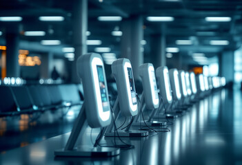 Row of modern self-service check-in kiosks at an airport terminal, glowing screens in a dimly lit hall.
