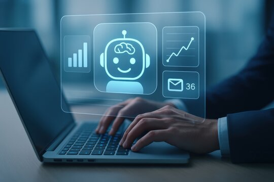 Laptop with chatbot hologram interface symbolizing artificial intelligence customer support and online communication
