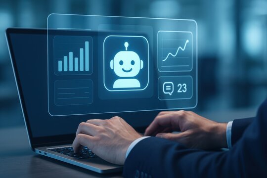 Hands typing on laptop with chatbot hologram symbolizing artificial intelligence digital assistant and customer service

