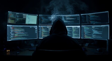 Hacker in Hood Typing Code on Multiple Monitors