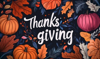 Thanksgiving message surrounded by seasonal gourds and colorful foliage on a dark background