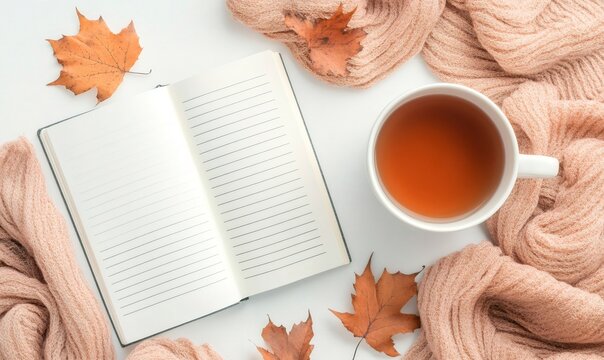 Warm tea, open journal, and cozy scarf surrounded by dry autumn leaves on white background