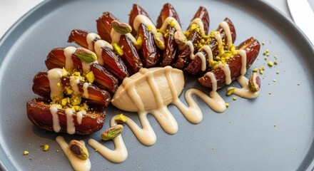 Artistic Arrangement of Medjool Dates, Tahini Cream, and Pistachios on Gray Plate creates an