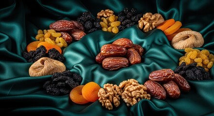 Exotic dried fruits and nuts on a lush emerald satin backdrop creating a luxurious and inviting