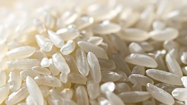 Close-up of uncooked white rice grains, a staple food ingredient.