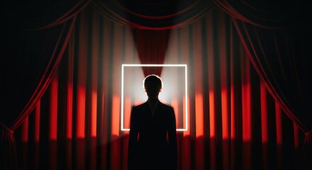 Mysterious silhouette stands before an illuminated square against a theatrical backdrop