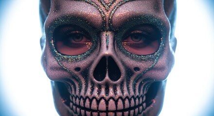 Intricate glitter skull face paint blending reality with the macabre artistry of carnival masks