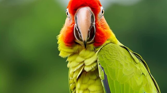 A colorful parrot, a scarlet macaw, turns its head from a profile to a front-facing view, a beautiful tropical bird close up footage