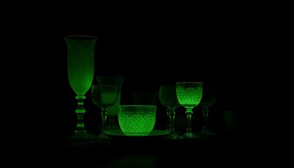 Detailed studio shot of various antique uranium glass pieces, including plates, pitchers, and goblets, all brightly fluorescing green under UV light