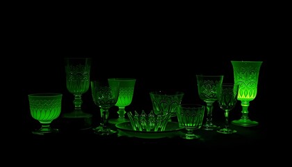 Dark and mysterious display of glowing green uranium glass tableware under UV light, with subtle reflections on a dark surface