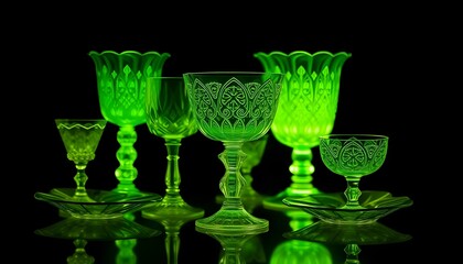 Assortment of vintage glow-in-the-dark glassware, featuring a mix of green uranium glass and purple manganese glass, illuminated by UV light