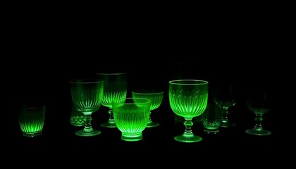 Vintage uranium and manganese glass tableware glowing vividly under UV light, showcasing a striking purple and green luminescence