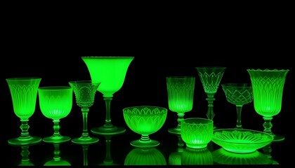Collection of antique uranium glass goblets and dishes, emitting a bright green glow under ultraviolet illumination on a dark background