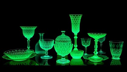 Minimalist display of vintage uranium glass drinking glasses, glowing with a soft green light under UV, emphasizing their unique fluorescent quality