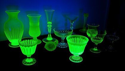 A striking still life of various cut-glass uranium tableware, illuminated by UV light to reveal its vibrant green fluorescence on a reflective dark surface