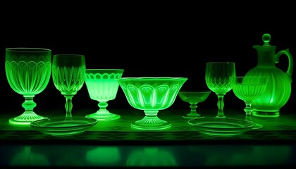 Vintage uranium glass dessert bowls and serving pieces, radiating a distinct green glow under ultraviolet light, perfect for collectors and antique enthusiasts