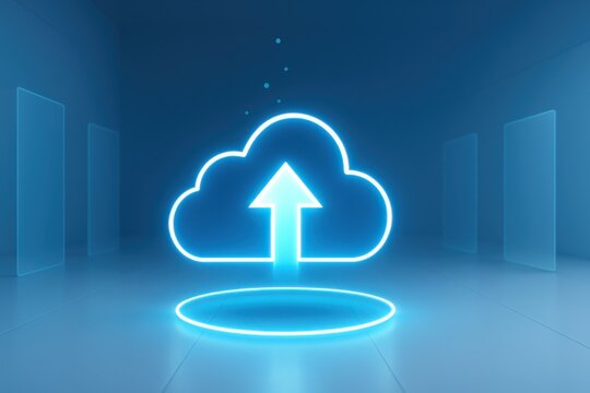 Glowing holographic cloud upload icon in digital space representing online storage data transfer and virtual computing
