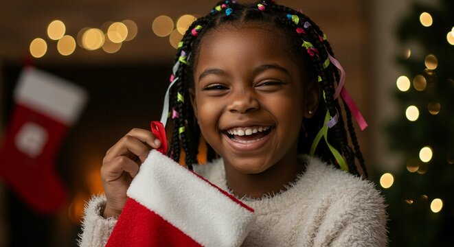A young girl with colorful braids smiles widely while holding up a red and white Christmas stocking, celebrating the festive holiday.