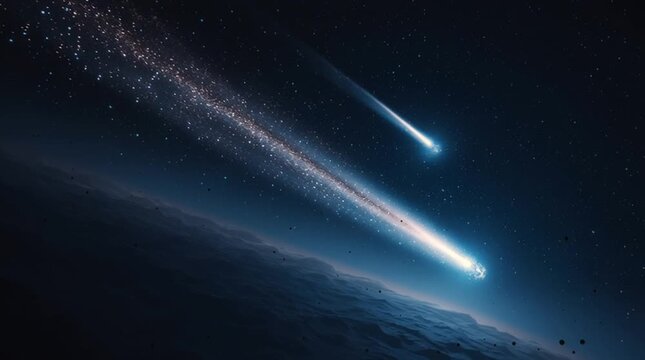 Celestial view of two comets streaking across a dark blue sky with distant stars and cosmic dust