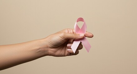 Hand holding a pink ribbon for awareness. Symbol of hope and support. Showing solidarity and raising understanding.