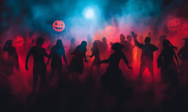Silhouettes of people dancing in thick fog with glowing jack-o'-lanterns at a halloween party - Powered by Adobe