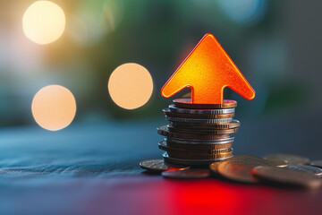 Up Arrow symbol with a stack of coins represents positive aspects of banking system, such as potential for rising interest rates, which can lead to increased savings and protection against inflation a
