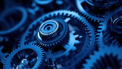 Abstract digital background with gears and connections on a blue background, a technology concept for business or industry, close-up view. Gears and nodes connected by lines in a dark blue color.