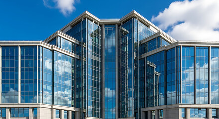 Fototapeta premium Striking modern architecture with reflective glass facades under a clear blue sky, showcasing contemporary design and urban development with symmetrical lines