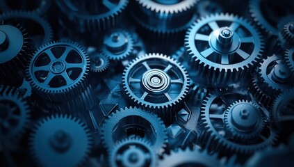 Abstract digital background with gears and connections on a blue background, a technology concept for business or industry, close-up view. Gears and nodes connected by lines in a dark blue color.