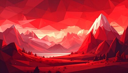 A vibrant landscape of red polygon mountains, a serene scene with a lake and trees, painted with soft light and shadows.