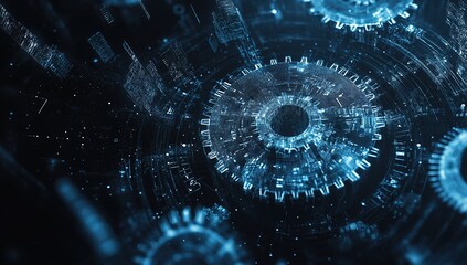 Abstract digital background with gears and interconnected nodes, symbolizing a technology network connection or data transfer in a dark blue color tone. Gears, lines