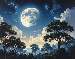 A serene landscape painting, showcasing a vast forest under a luminous moonlit sky, filled with a plethora of detailed trees and soft clouds.