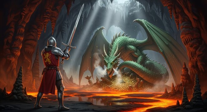 The knight faces the green dragon guarding the treasure in a cavernous lair
