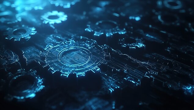 Abstract digital blue background with gears and technology, dark color scheme, glowing lines on the edges of each gear for light effects, AI concept. The scene is a digital representation - Powered by Adobe