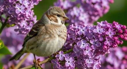 Tranquil scene of a field sparrow perched among vibrant lilac blossoms in full bloom