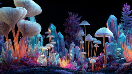 A bioluminescent forest on an alien planet with crystalline fungi, with a stylized vaporwave color palette