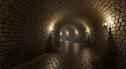 Atmospheric old brick tunnel illuminated by glowing lanterns creating a sense of mystery