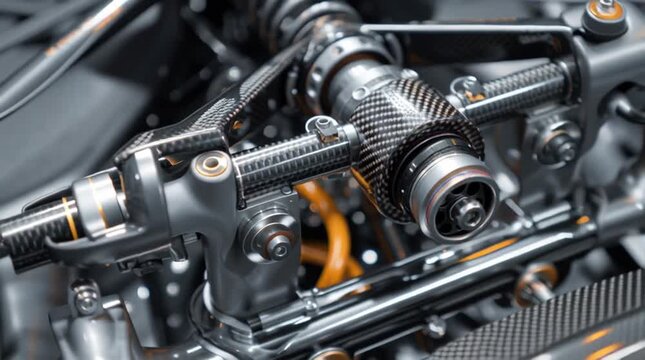 Close up view of a car suspension system featuring carbon fiber and metal components in sharp focus