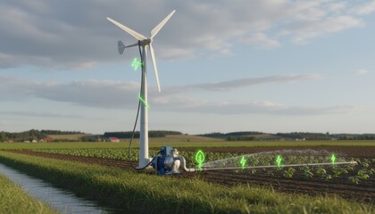 Fototapeta premium Closeup medium view of a wind turbine energizing an irrigation pump on farmland highlighting clean energy in agricultural machinery.