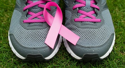 Gray athletic shoes with pink laces and a pink ribbon, symbolizing breast cancer awareness, on a green grass background.