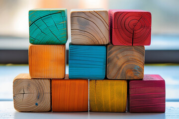 Vibrant and diverse rectangular wooden pieces beautifully symbolize harmonious coexistence and inclusivity that thrive within our society 