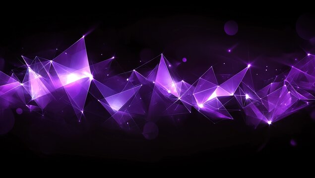 Abstract purple background with triangles and glowing lights, dark abstract digital art wallpaper with geometric shapes, glowing purple light effects on a black background