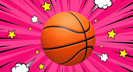 Dynamic pop art vector illustration of a basketball sport ball with sunburst explosion rays on a retro comic background