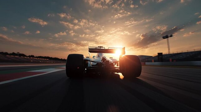 Race car speeding down the track toward the sunset with a blurred background and a dramatic sky