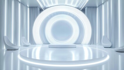 Obraz premium Abstract white empty stage with a round podium and light ring in a futuristic interior, 3D rendering illustration. Copy space. High quality.