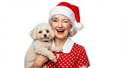 Festive woman in a Santa hat winks while holding a fluffy white dog, creating a joyful and heartwarming holiday image.