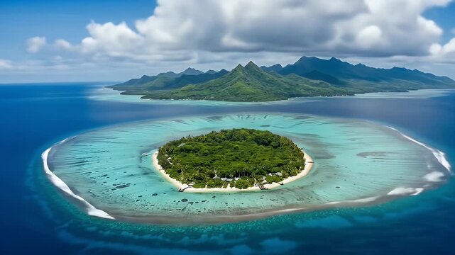 Aerial view showcases a tropical island encircled by a coral reef, boasting crystal-clear turquoise waters and lush, green vegetation beneath a partly cloudy sky, revealing the natural beauty of a...