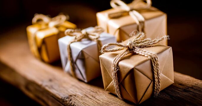 Gift Boxes in Kraft Paper with Twine on Wooden Table