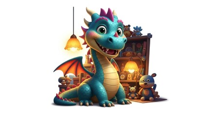 Naklejka premium Charming cartoon dragon amidst a softly lit playroom filled with plush toys and gentle ambiance